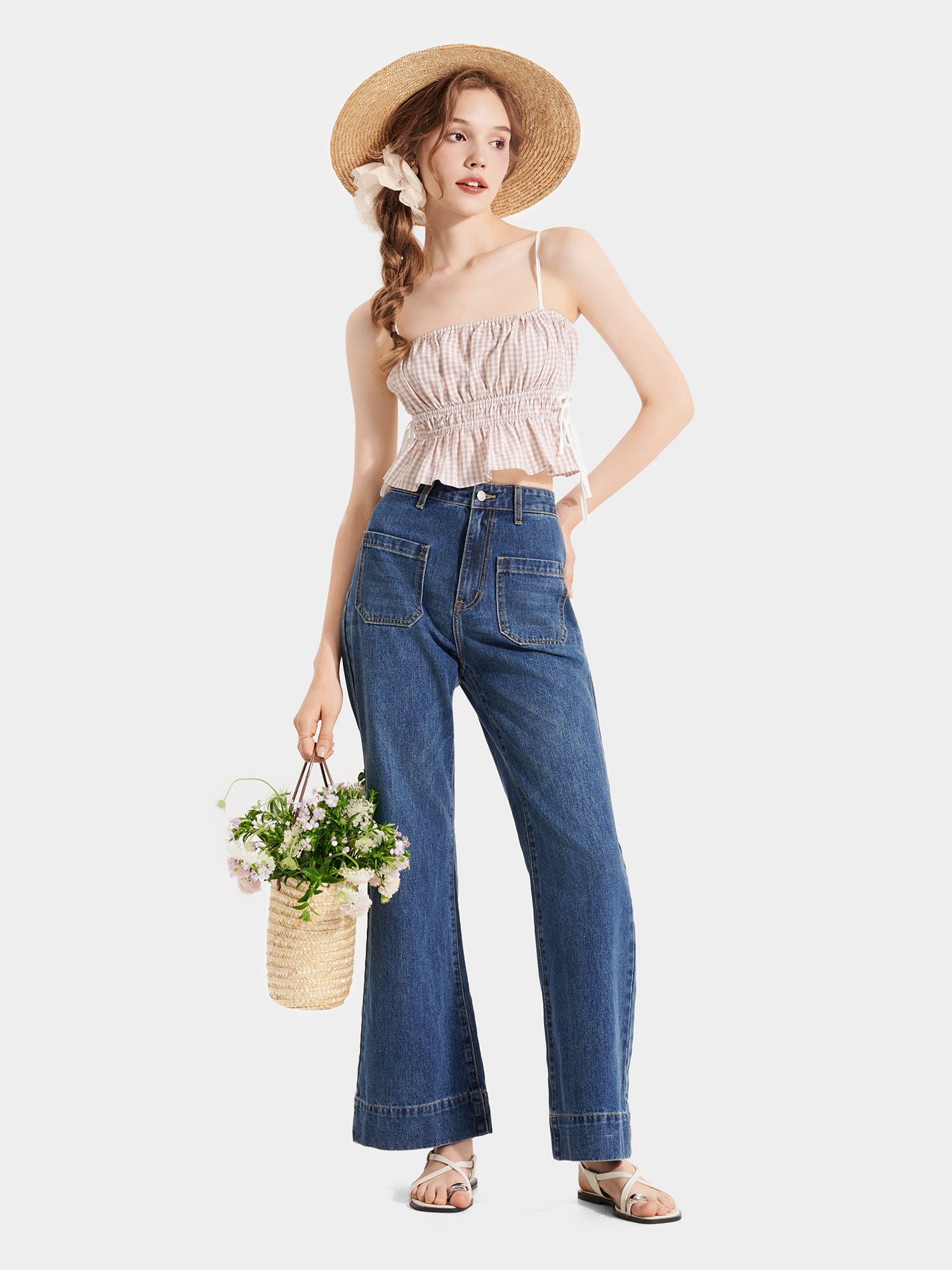 Áo 2 dây caro nhún thun thắt nơ hông