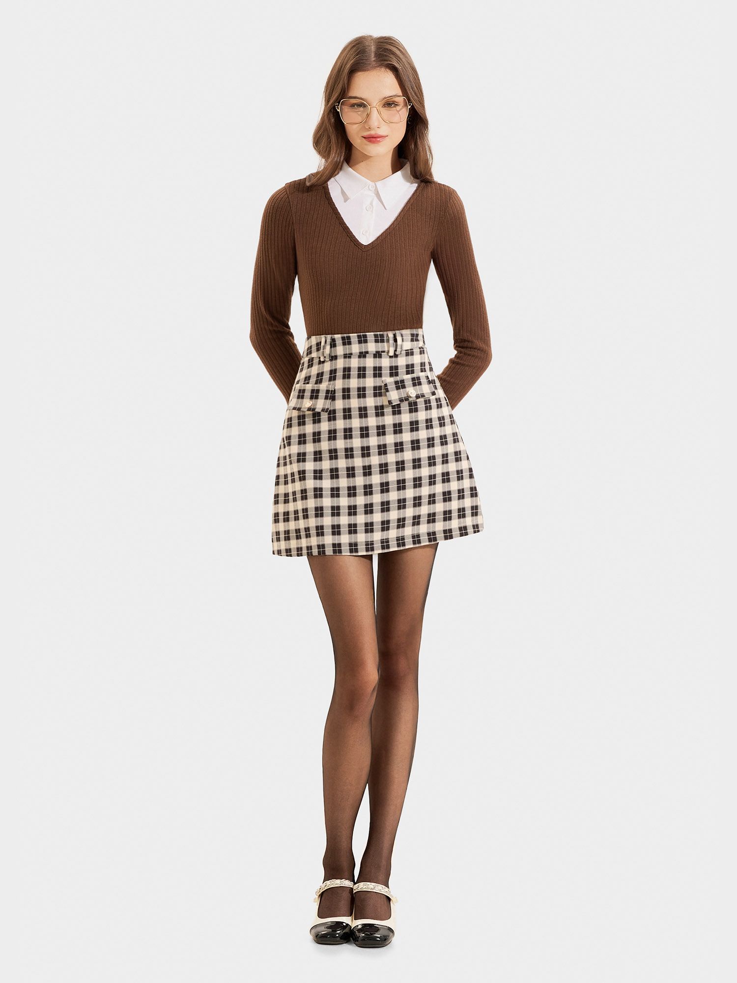  Áo thun dệt kim tay dài form ôm cổ sơ mi 