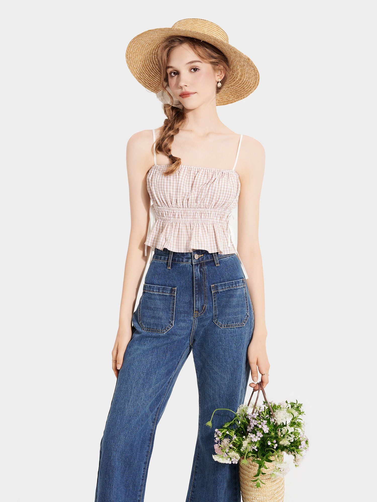  Áo 2 dây caro nhún thun thắt nơ hông 