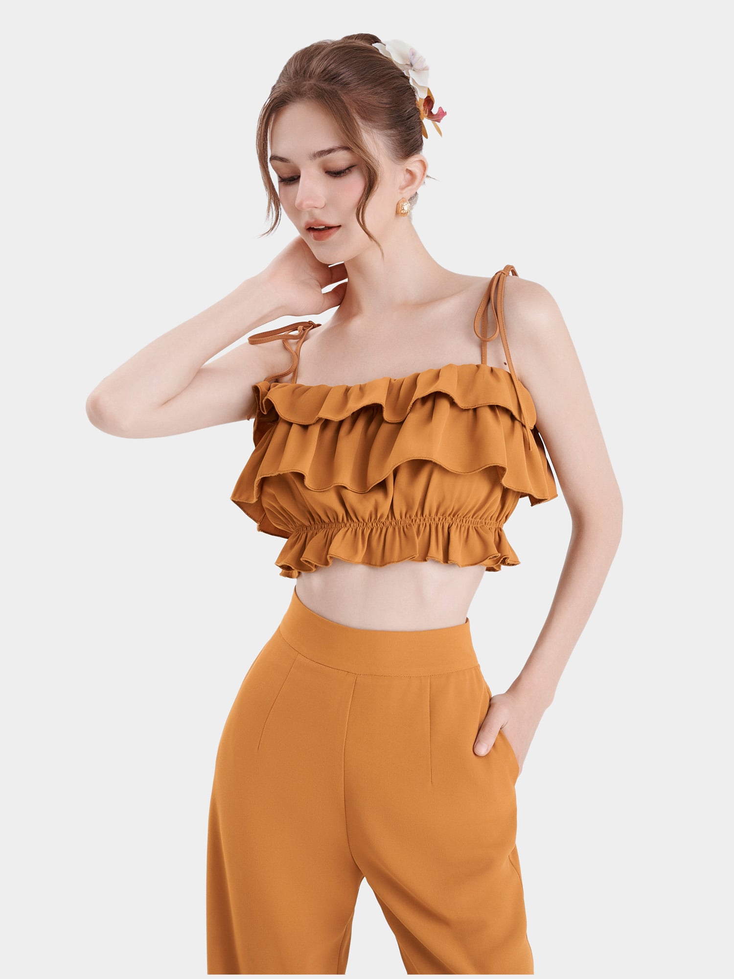 Áo 2 dây croptop phối bèo nhún thun eo