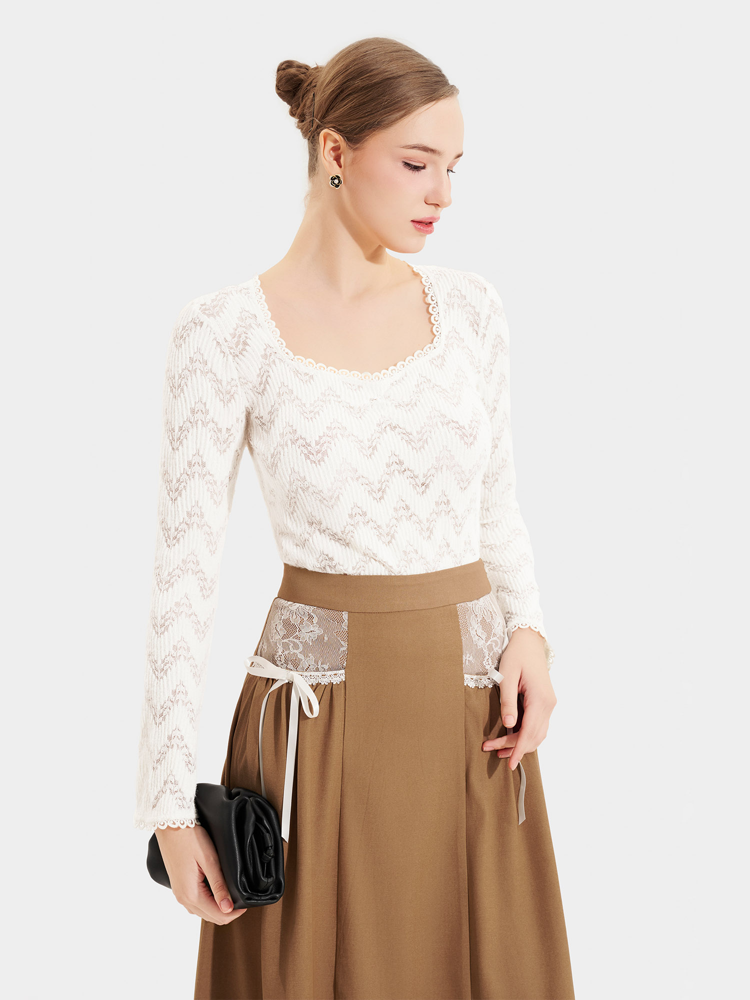 Váy midi 2 túi phối ren đính nơ