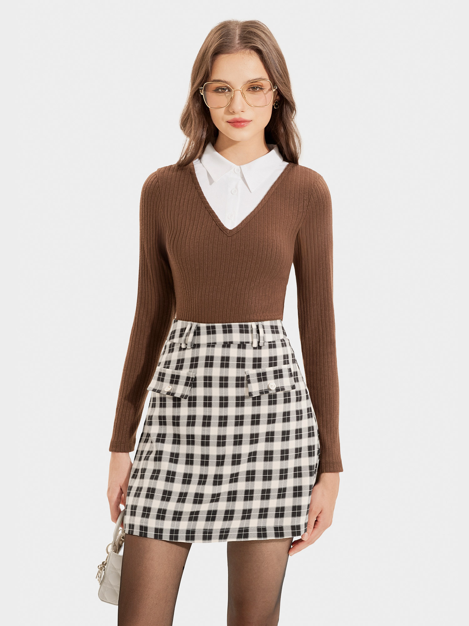 Áo thun dệt kim tay dài form ôm cổ sơ mi