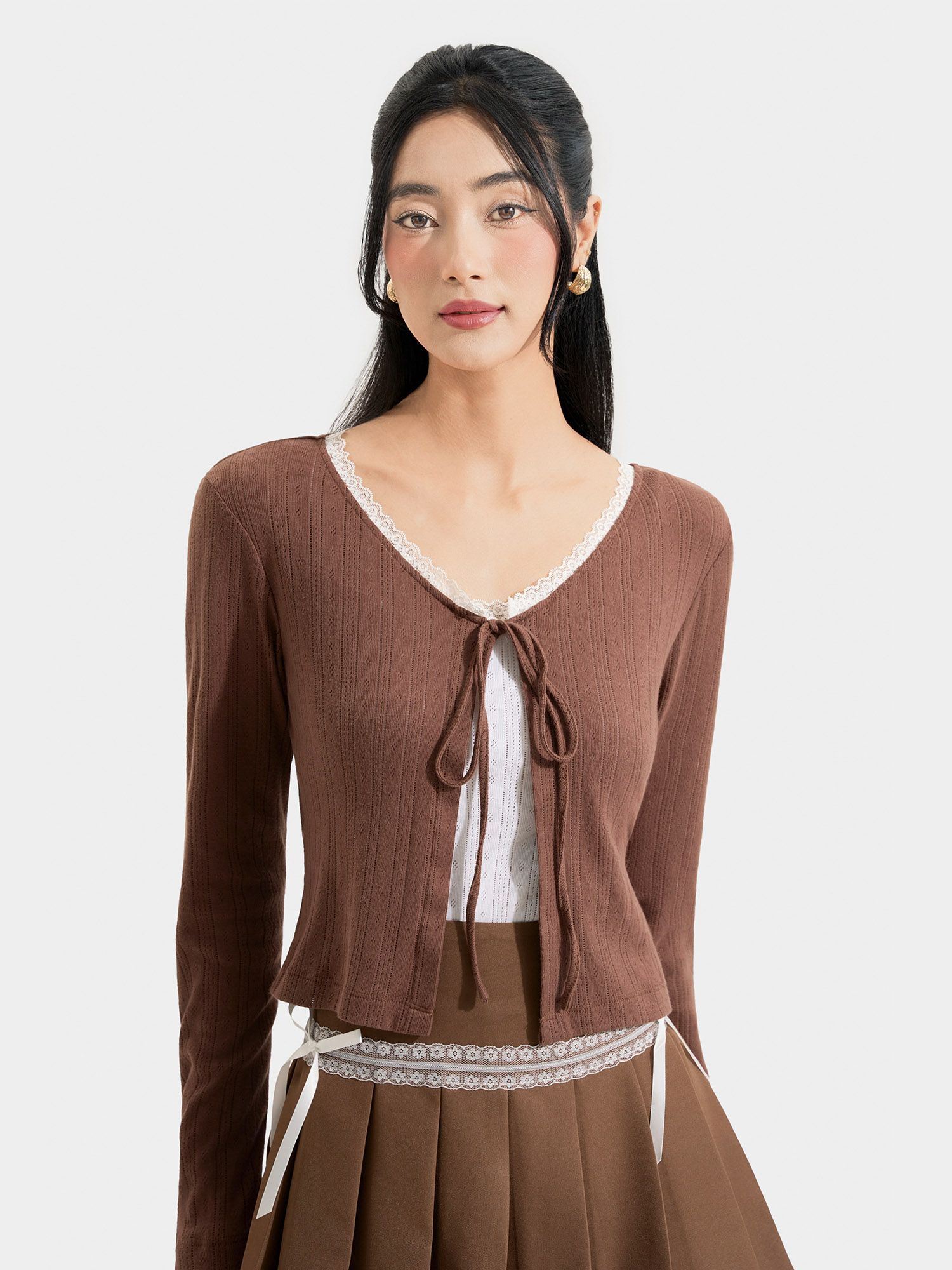  Áo cardigan phối ren thắt nơ 