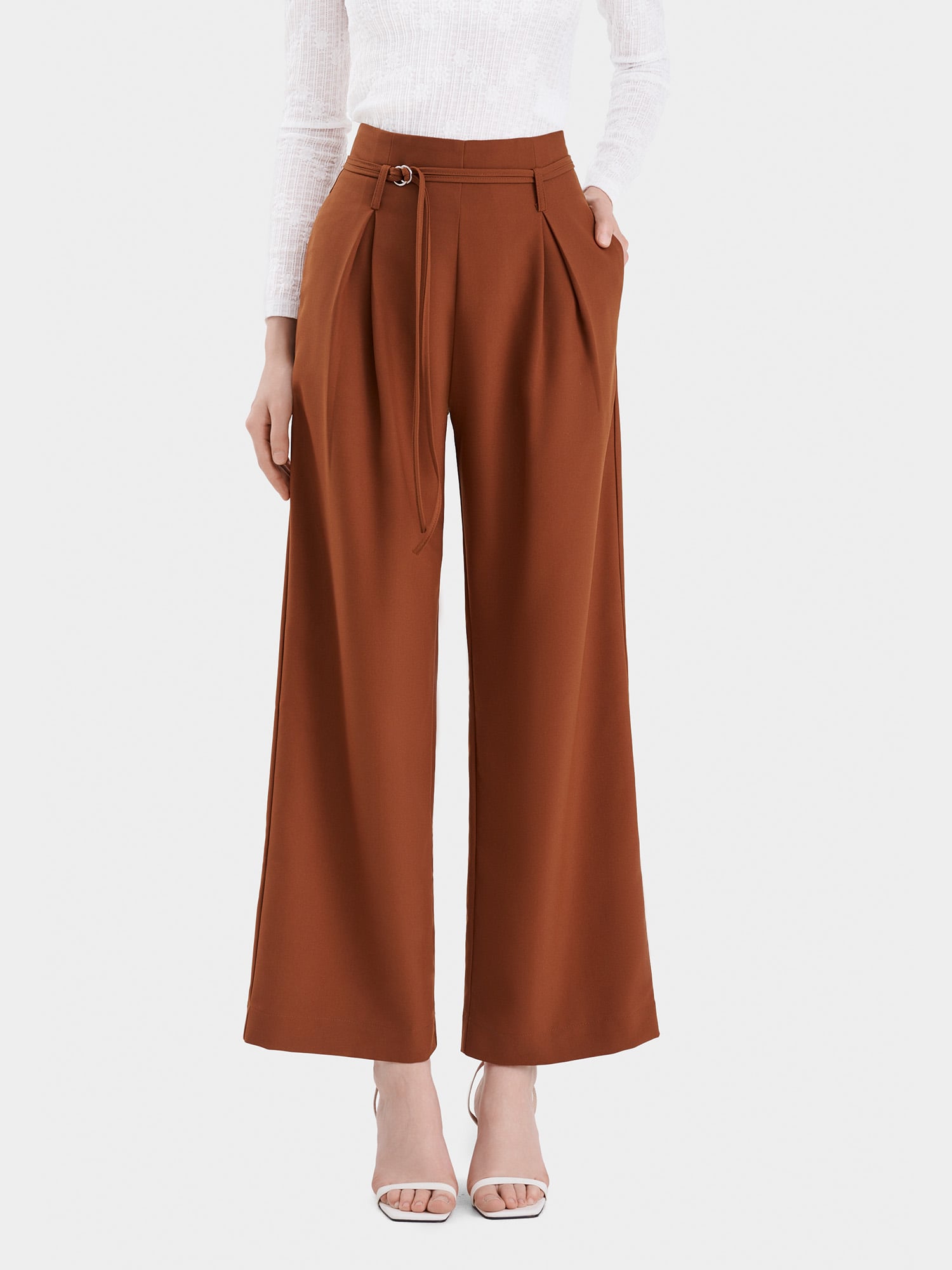 Quần dài ống suông xếp li trước 2 túi phối dây thắt lưng