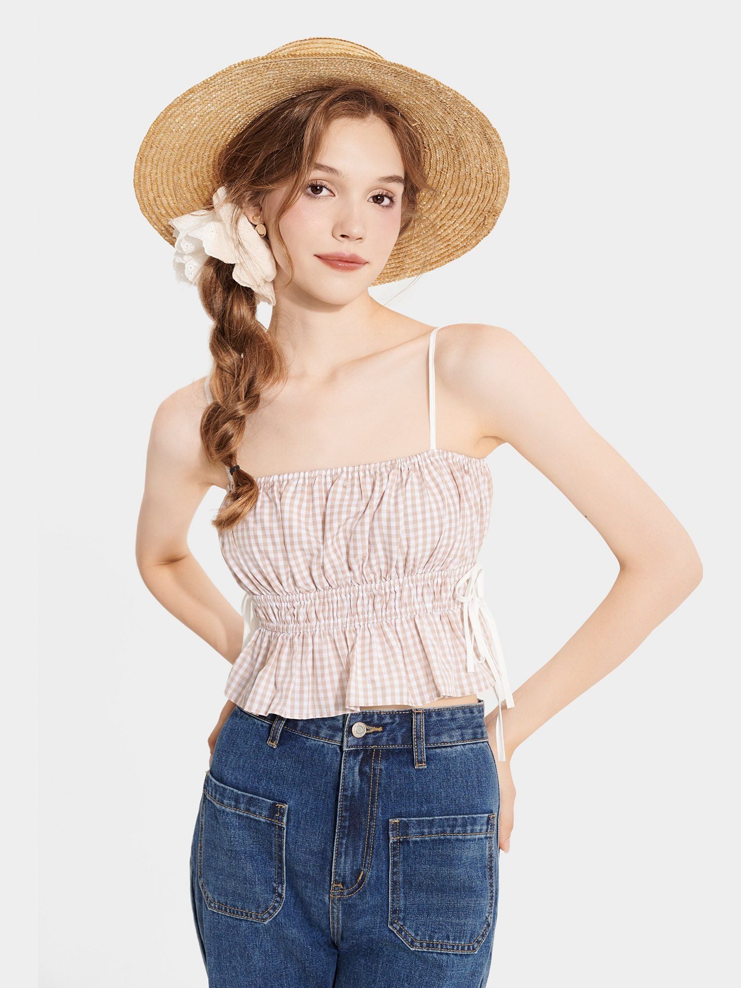  Áo 2 dây caro nhún thun thắt nơ hông 