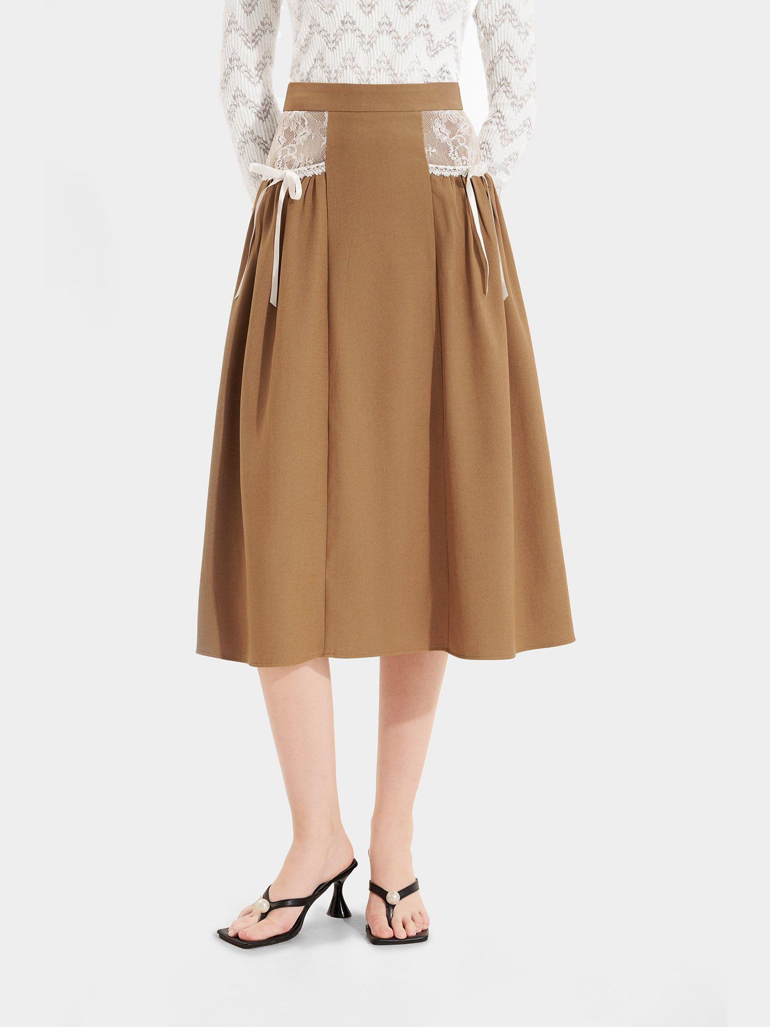  Váy midi 2 túi phối ren đính nơ 