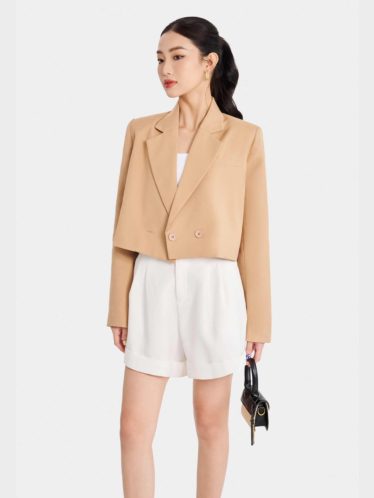 Áo cropped blazer tay dài cài nút