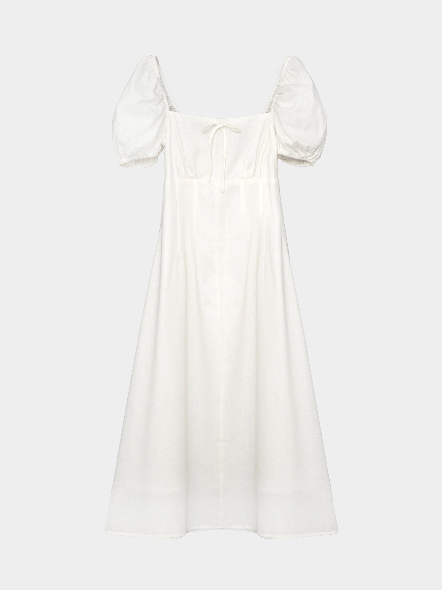 Đầm midi linen cổ vuông tay phồng smocking lưng