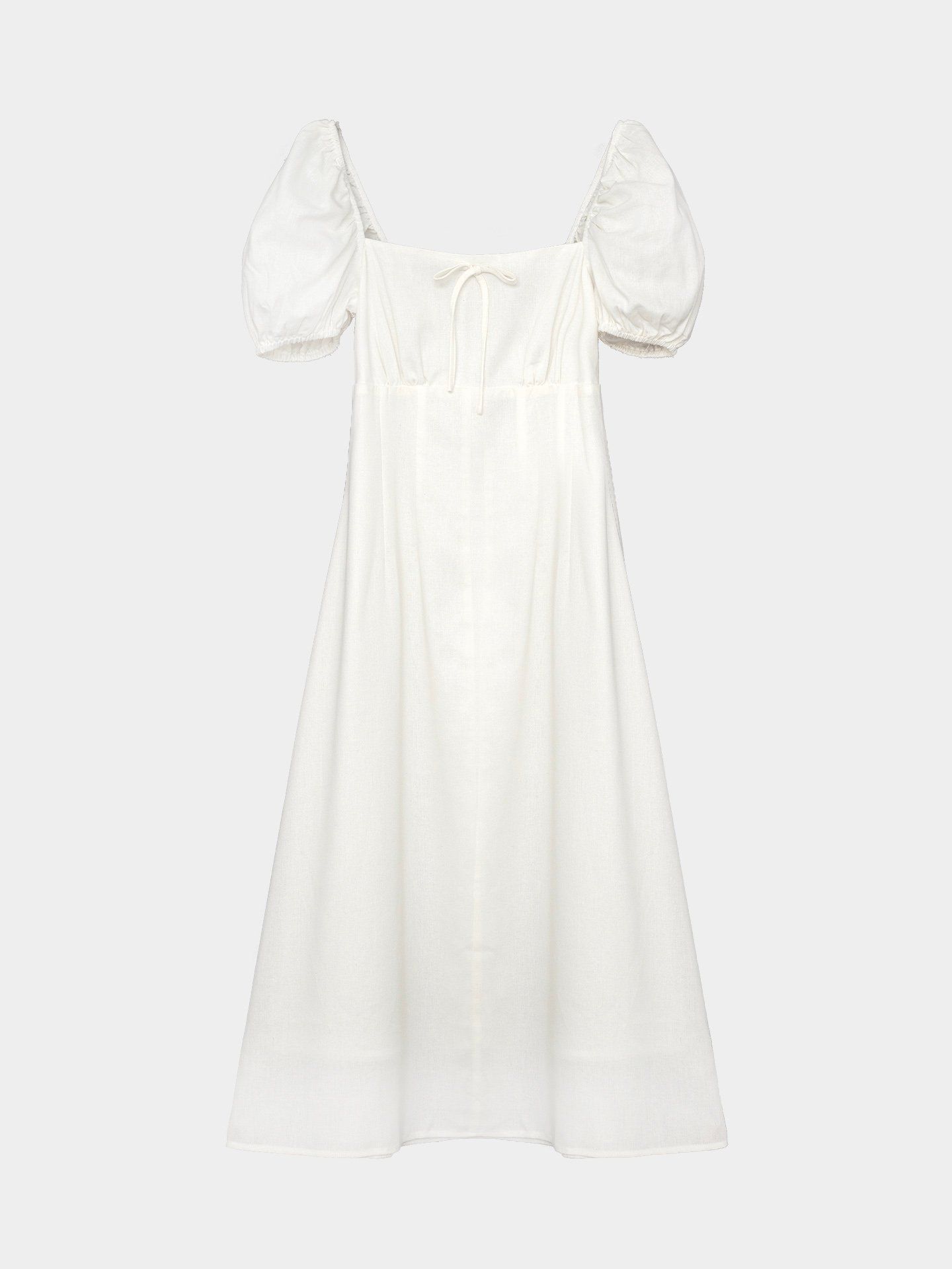 Đầm midi linen cổ vuông tay phồng smocking lưng 