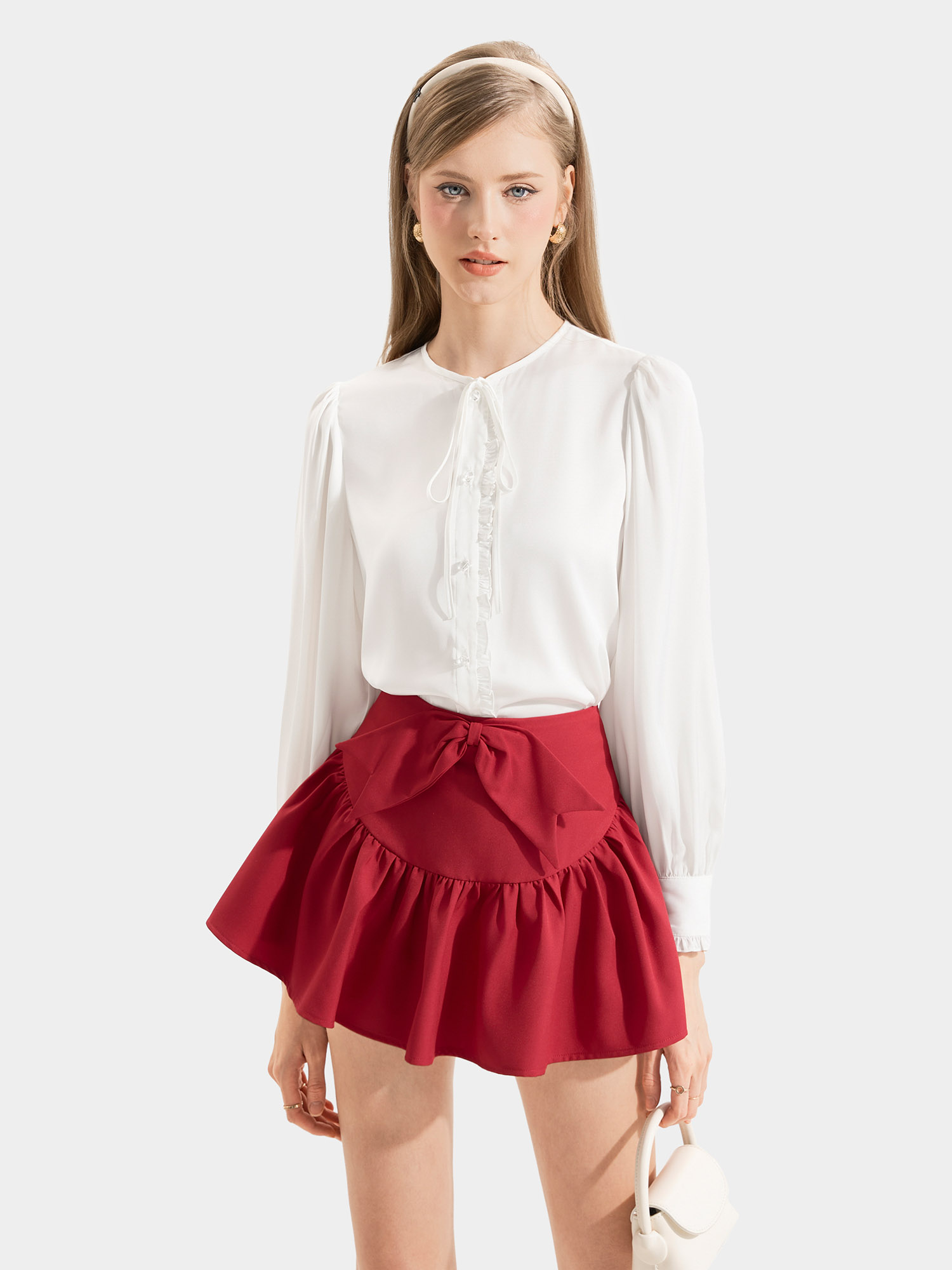 Áo lụa tay dài cổ tròn thắt nơ phối bèo