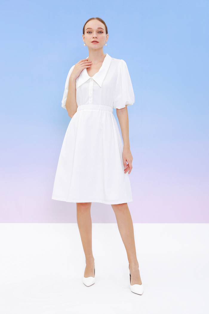 Đầm midi cổ sơmi nhấn tay