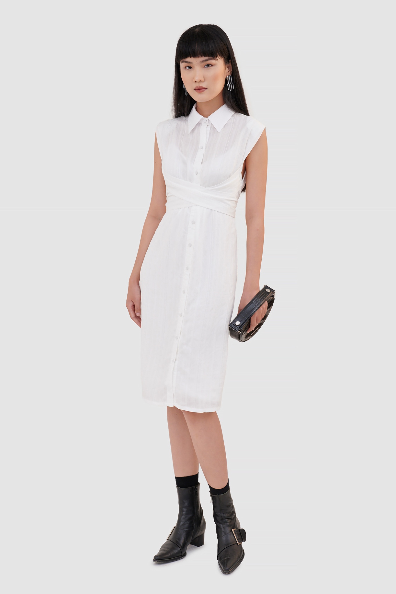Đầm sơ mi midi nhấn dây lưng