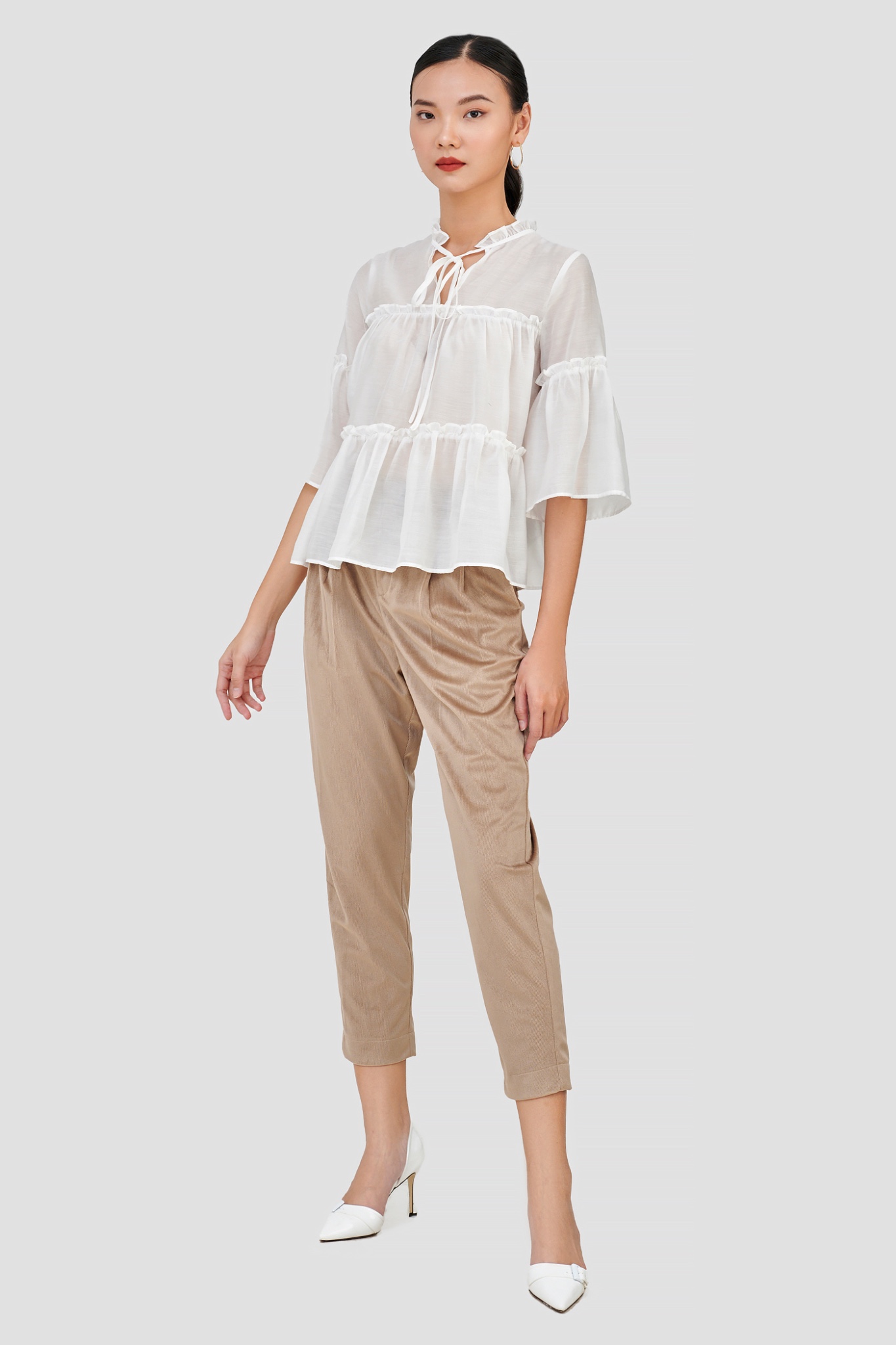 Áo kiểu sheer 3 tầng tay nhún bèo