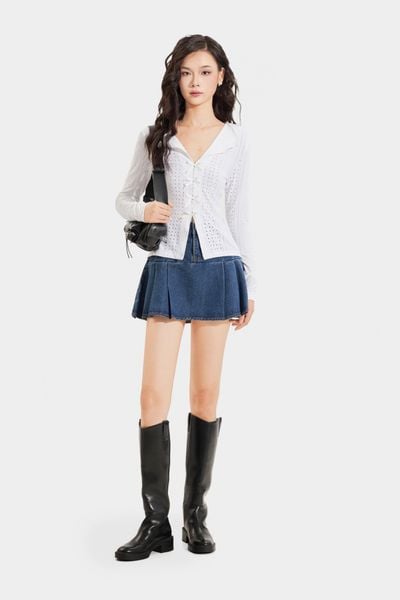  Áo thun thêu tay dài cổ tim đính nơ thân trước 