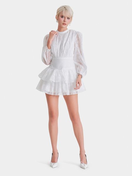  Đầm voan mini cổ tròn tay dài smocking eo 