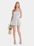  Đầm mini linen 2 dây smocking lưng thân trước phối bèo đính nơ 