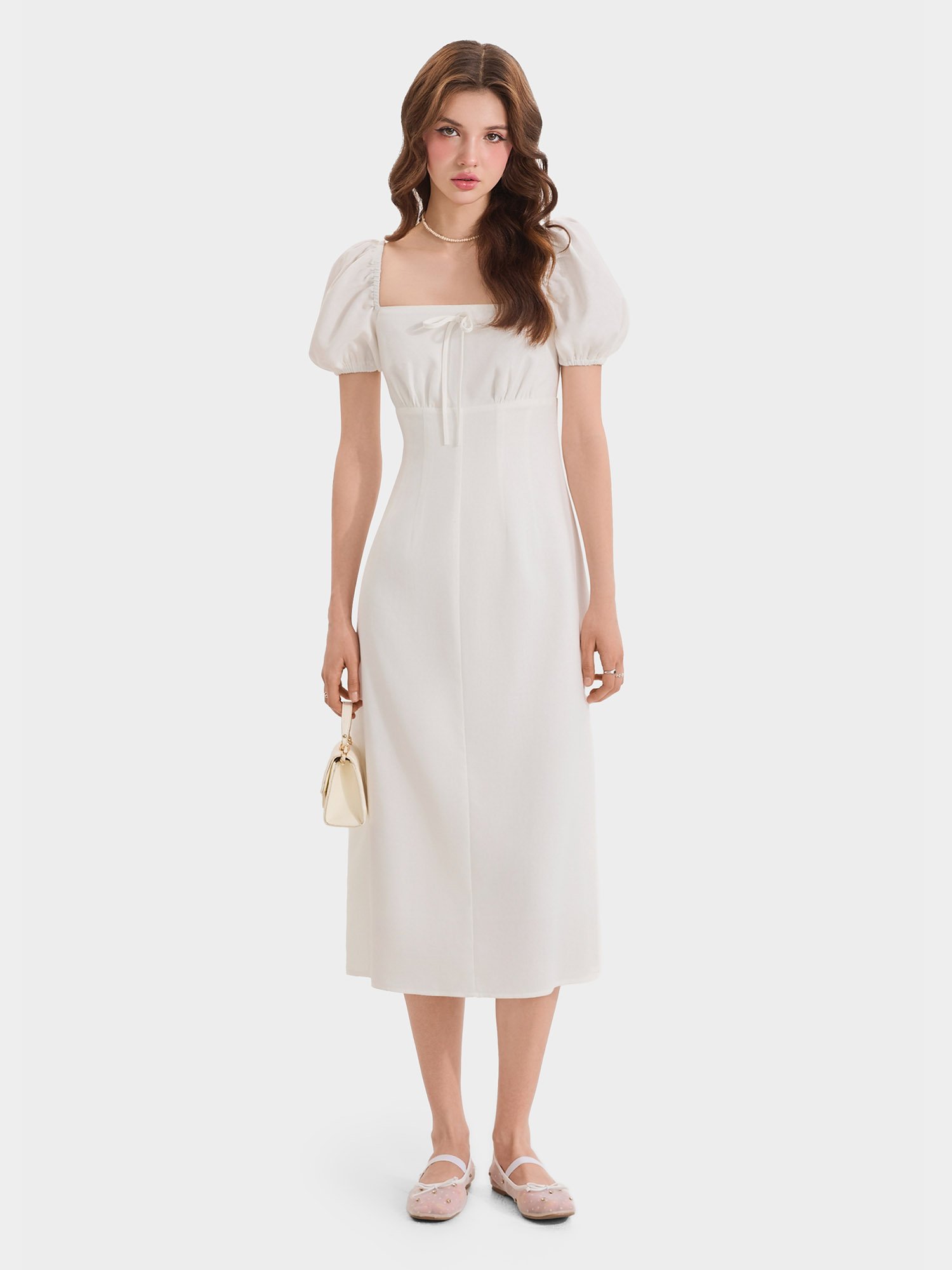 Đầm midi linen cổ vuông tay phồng smocking lưng