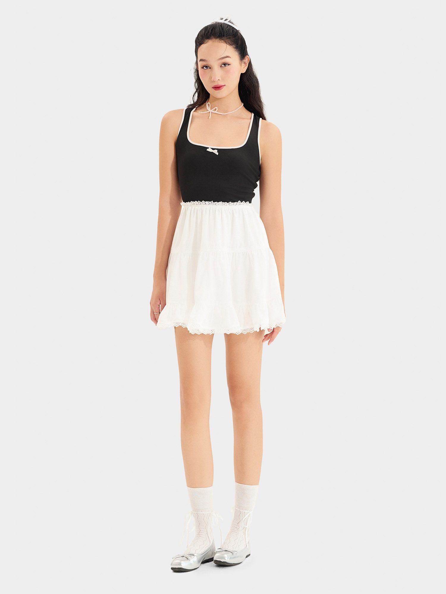  Váy mini form A phối ren 