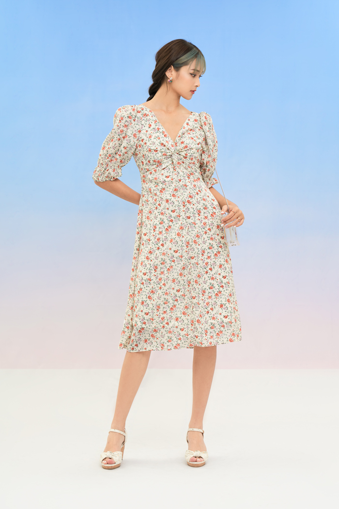 Đầm midi xoắn ngực nhấn tay