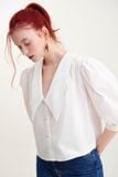 Áo sơ mi form rộng crop nhấn lá cổ 
