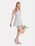  Đầm mini linen 2 dây smocking lưng thân trước phối bèo đính nơ 