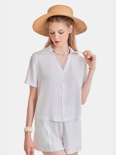  Áo kiểu tay ngắn cổ sơ mi phối ren 
