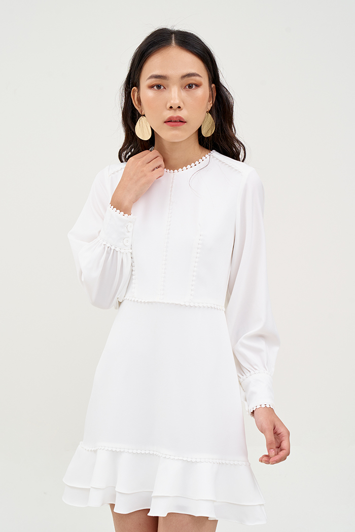 Đầm tay dài nhấn ren bi bèo lai 2 tầng nhỏ