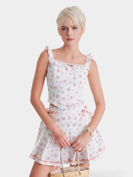  Áo croptop kaki hoa 2 dây phối ren ngực smocking lưng 