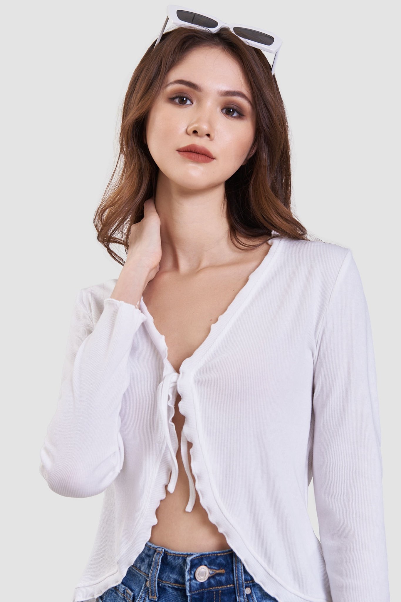 Áo cardigan cột nơ viền bèo