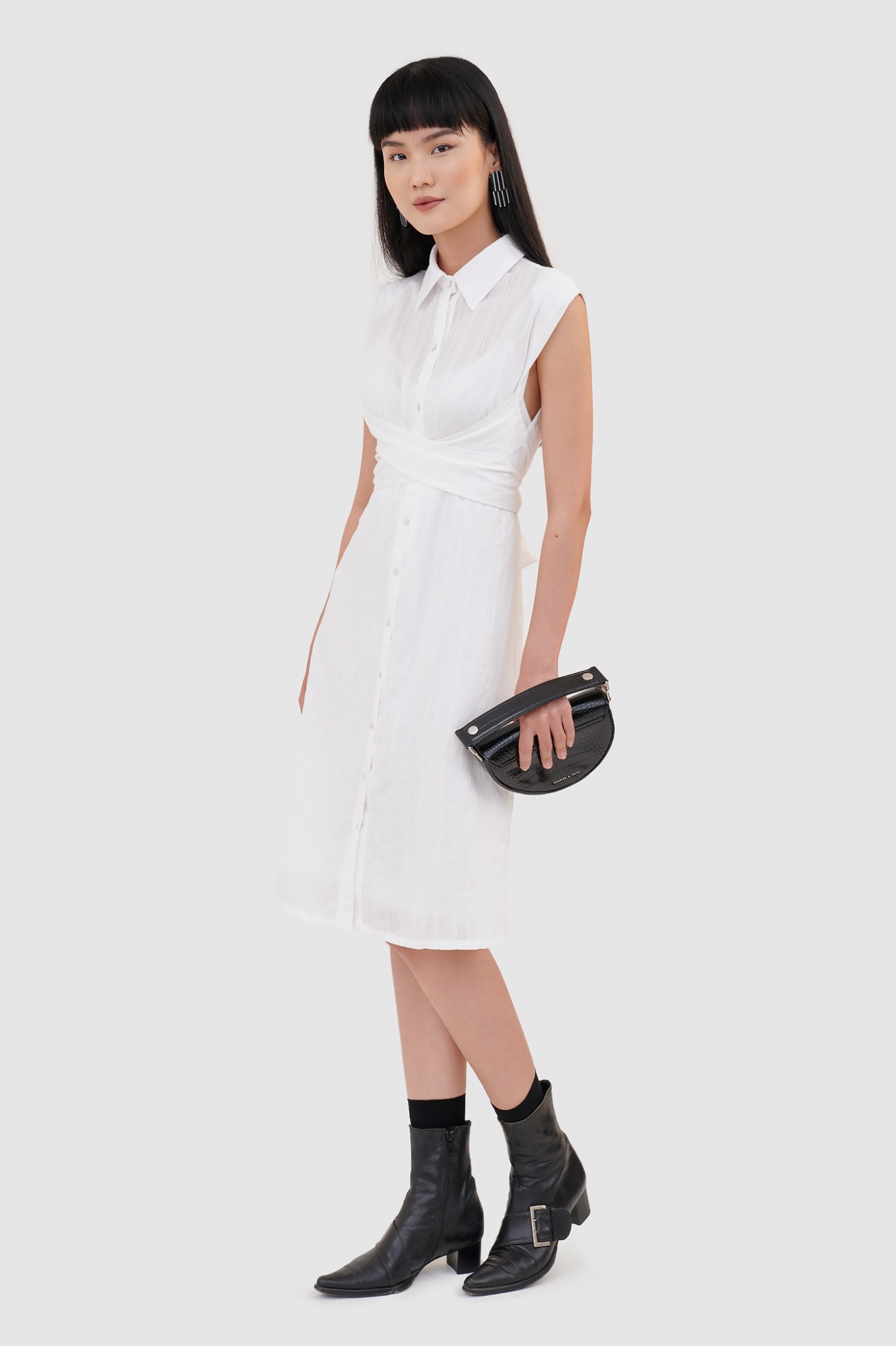 Đầm sơ mi midi nhấn dây lưng