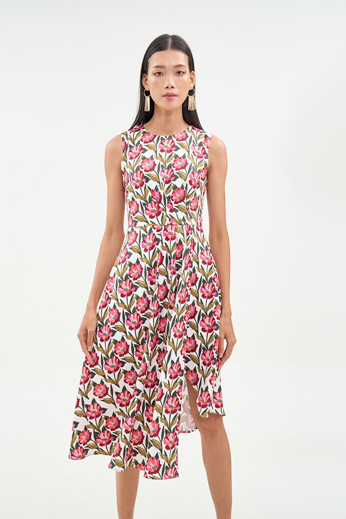 Đầm midi sát nách tùng đắp chéo in hoạ tiết fw19