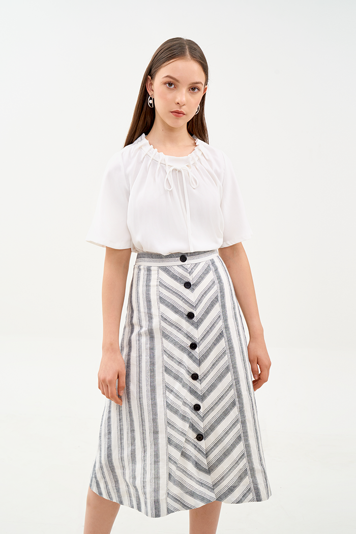 Váy linen đâu sọc nút đen