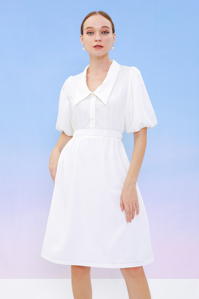 Đầm midi cổ sơmi nhấn tay