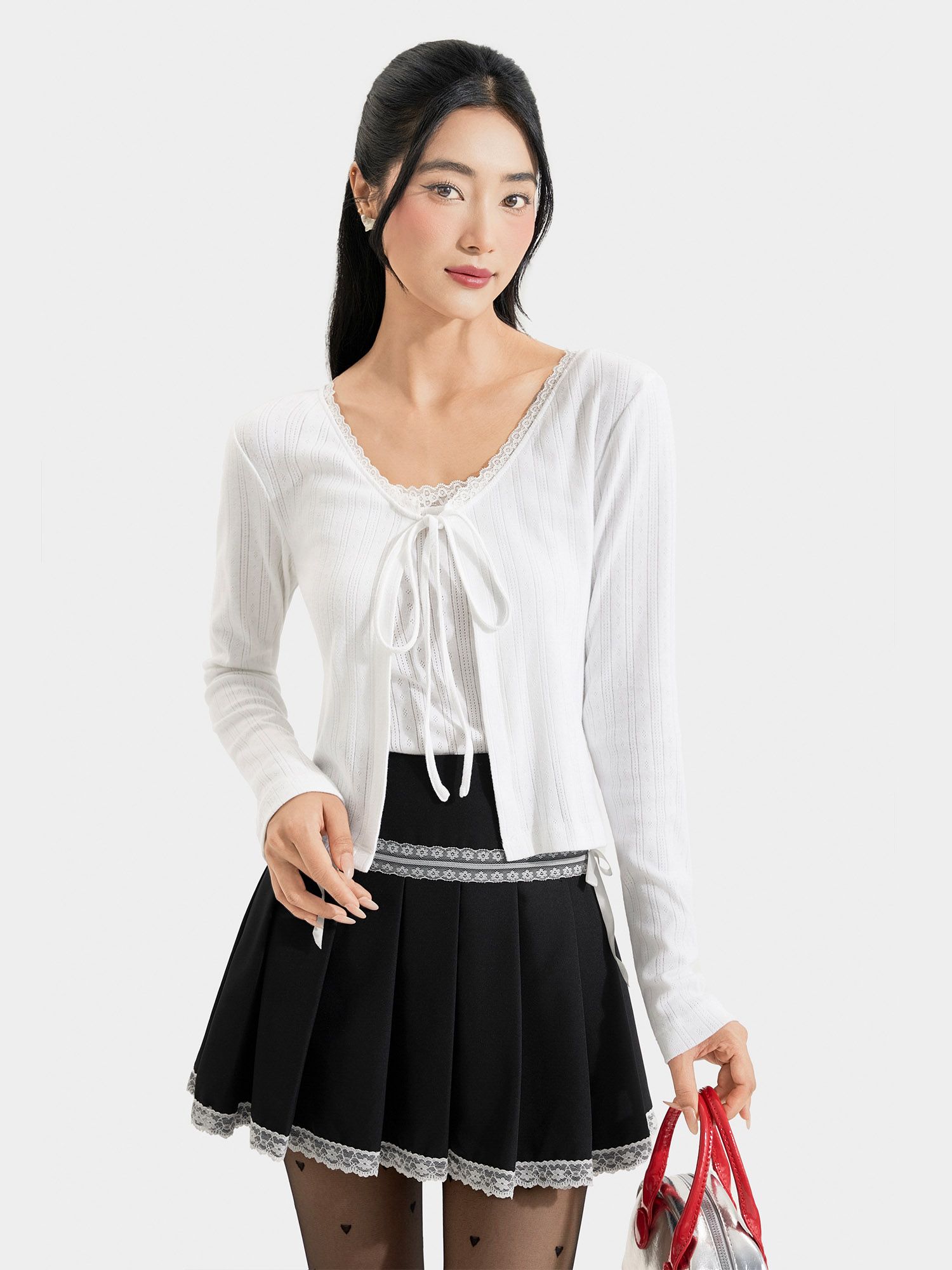 Áo cardigan phối ren thắt nơ 
