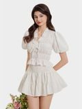  Áo linen tay phồng smocking cổ tim phối bèo đính nơ 