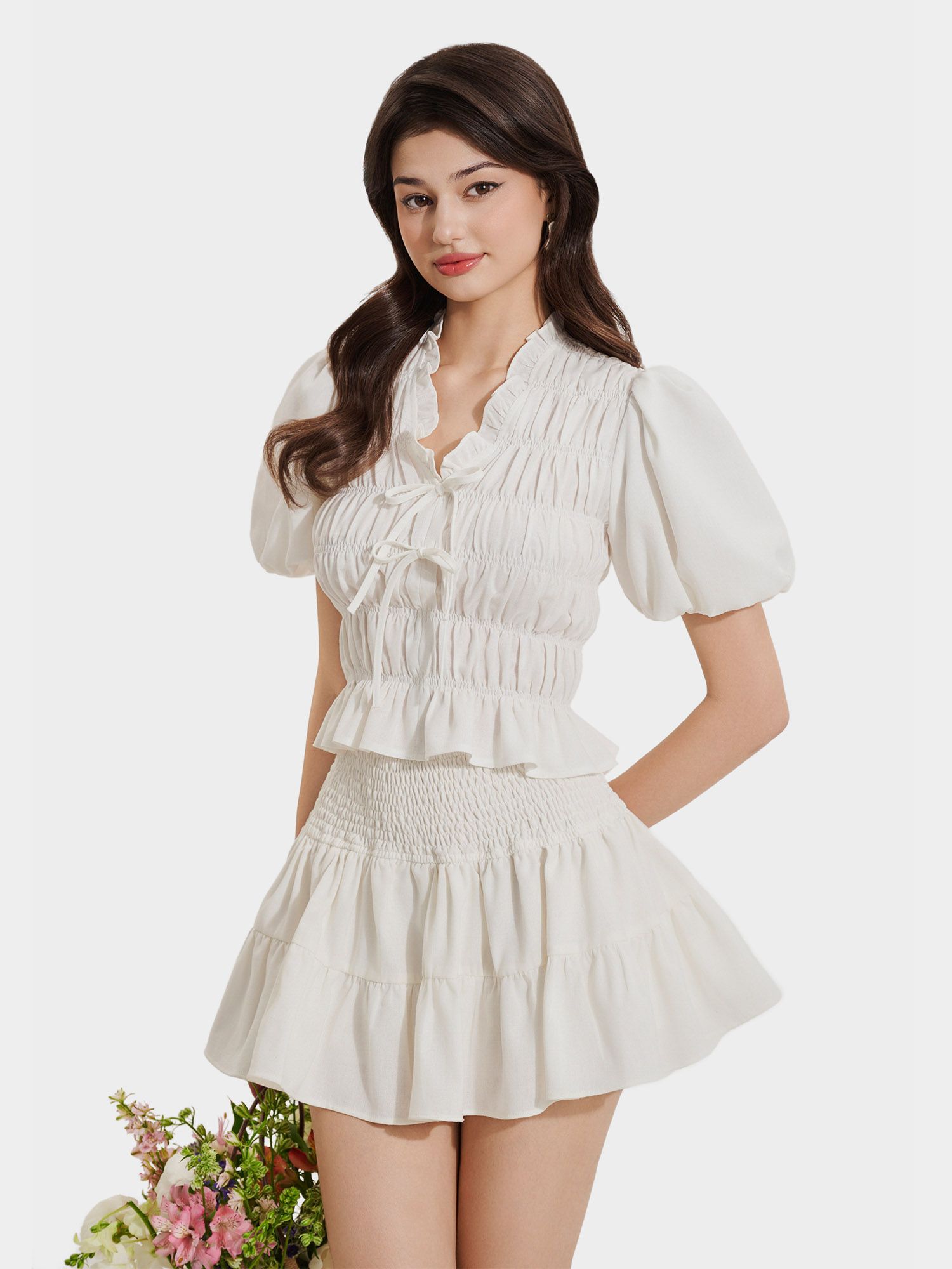  Áo linen tay phồng smocking cổ tim phối bèo đính nơ 