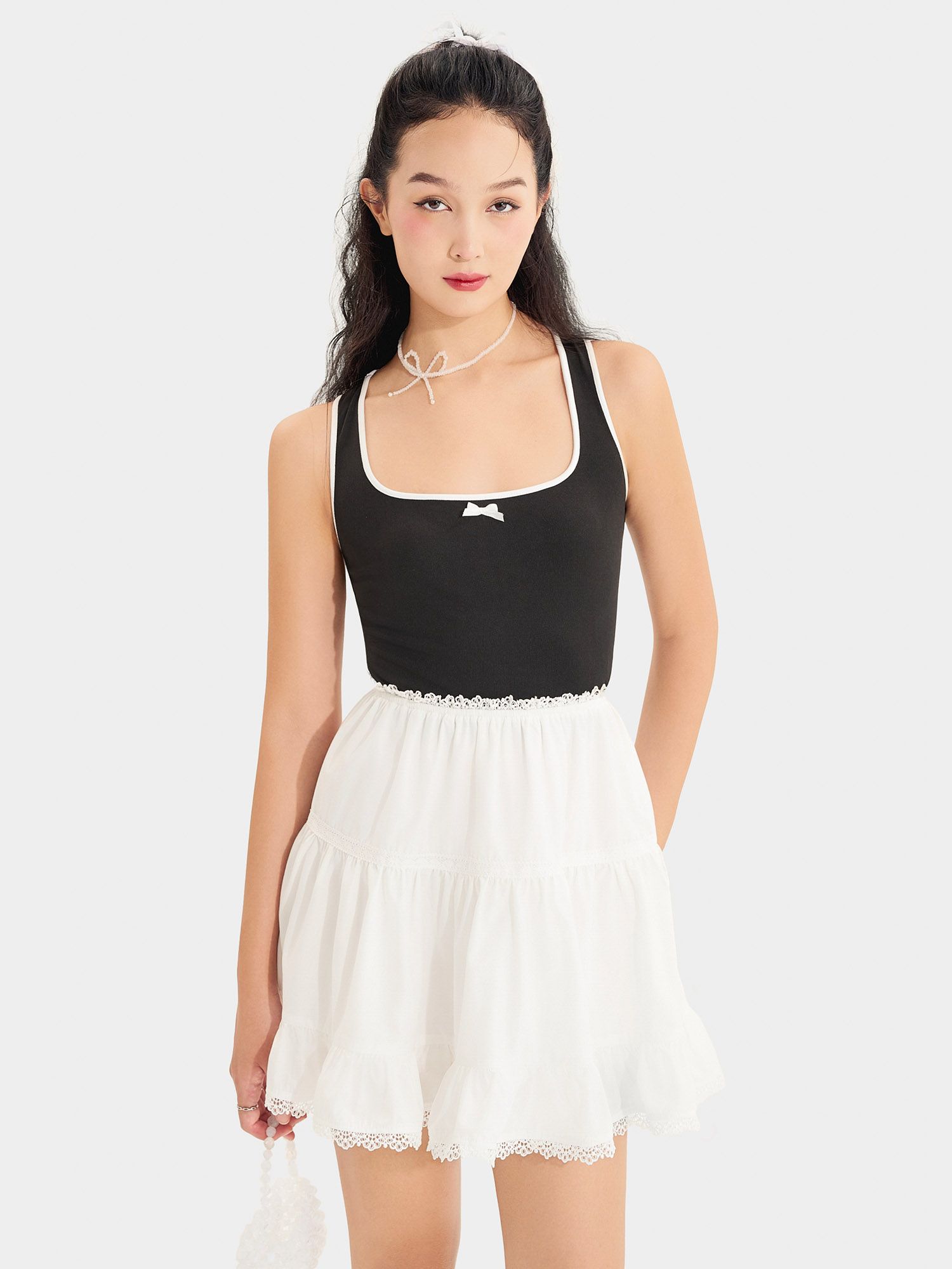  Váy mini form A phối ren 