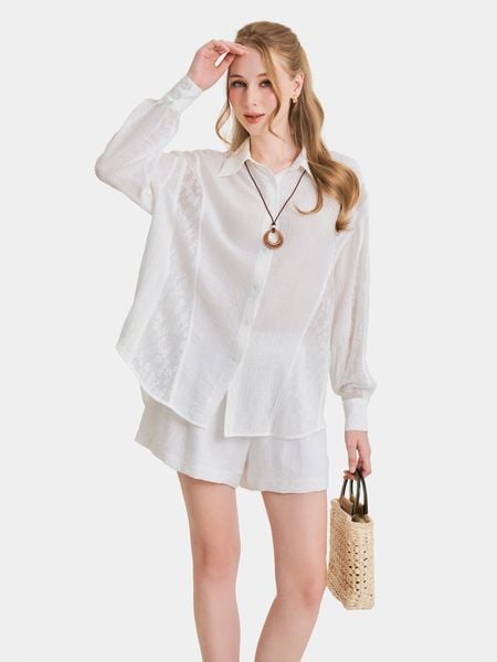  Áo sơ mi vải xô form rộng phối ren 