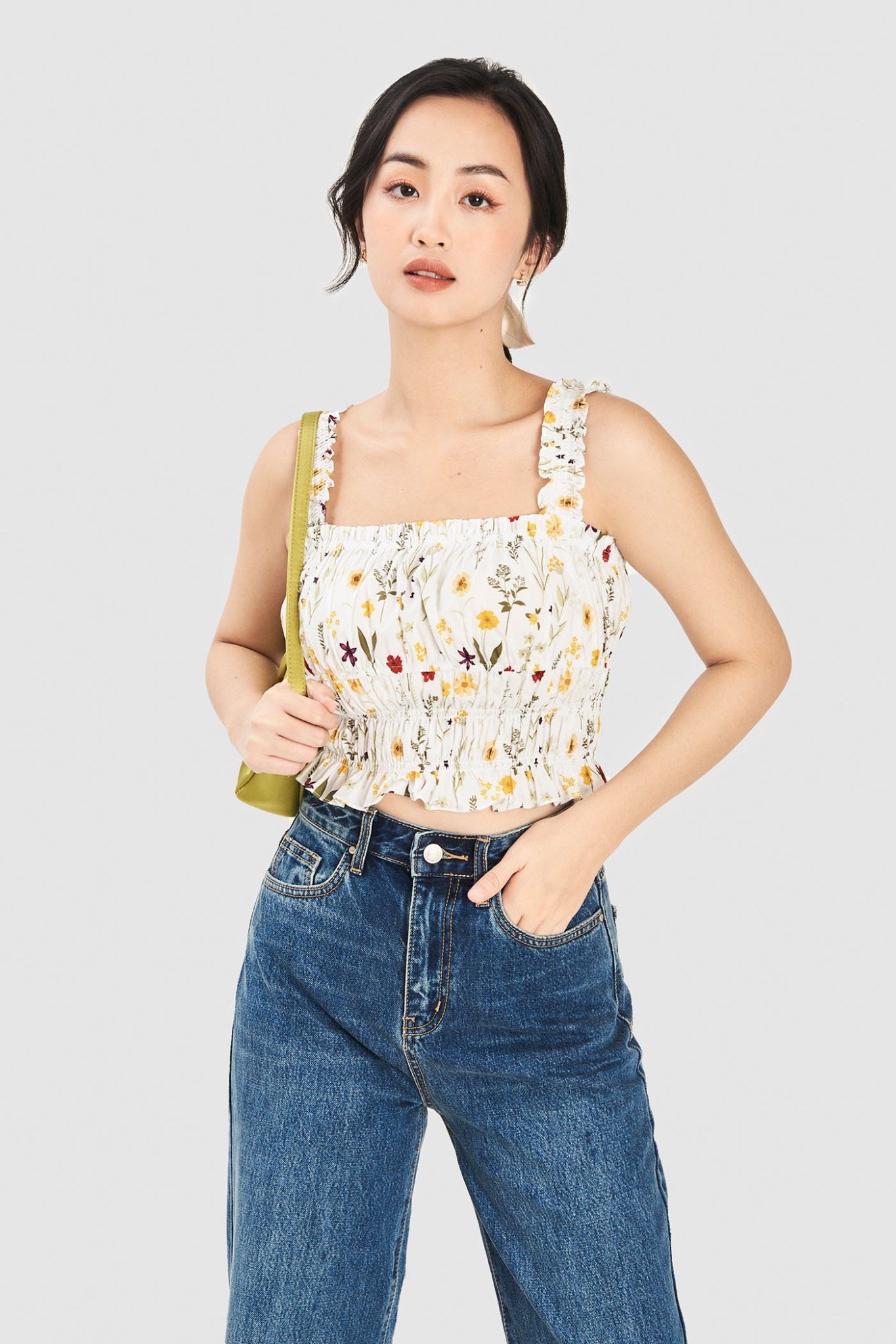 Áo 2 dây crop top rút nhún họa tiết hoa