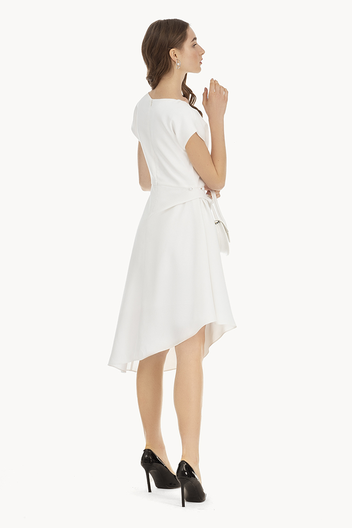 Đầm midi tay liền xếp li cài kim hông
