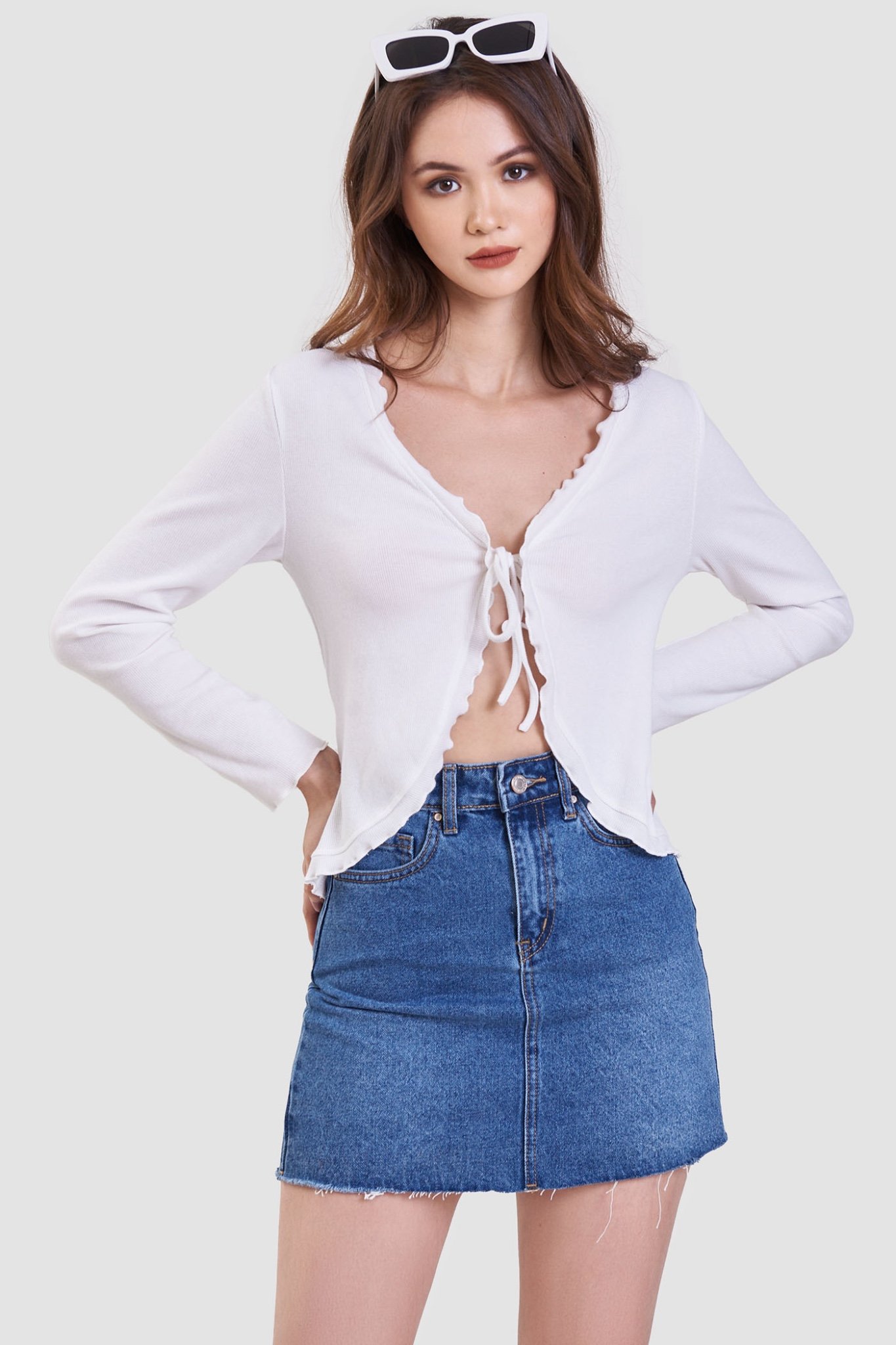 Áo cardigan cột nơ viền bèo