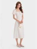  Đầm midi linen cổ vuông tay phồng smocking lưng 