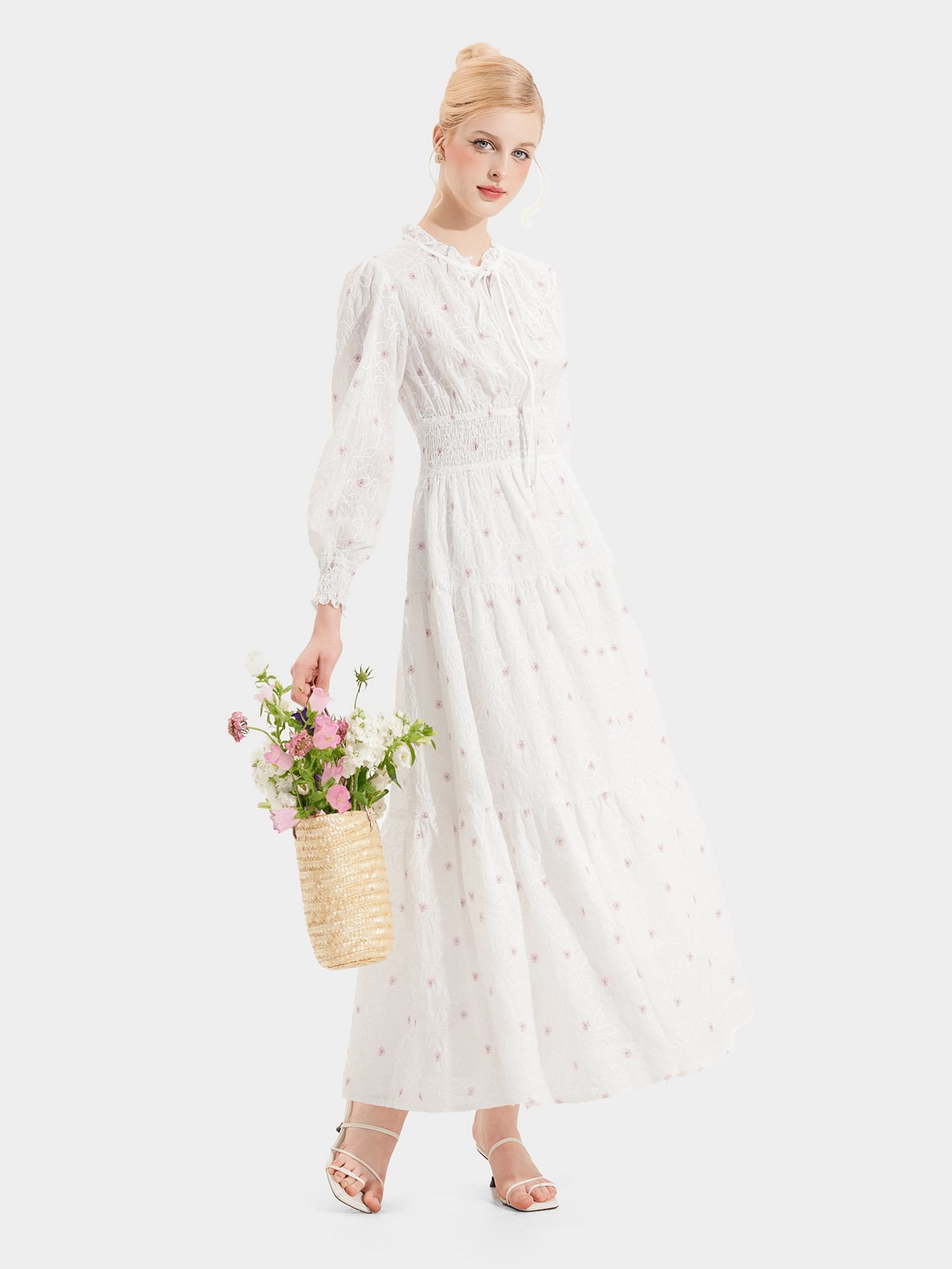 Đầm midi thêu hoa tay dài smocking eo và tay