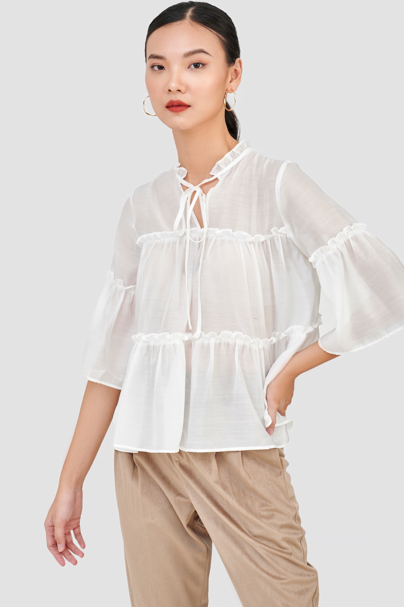 Áo kiểu sheer 3 tầng tay nhún bèo