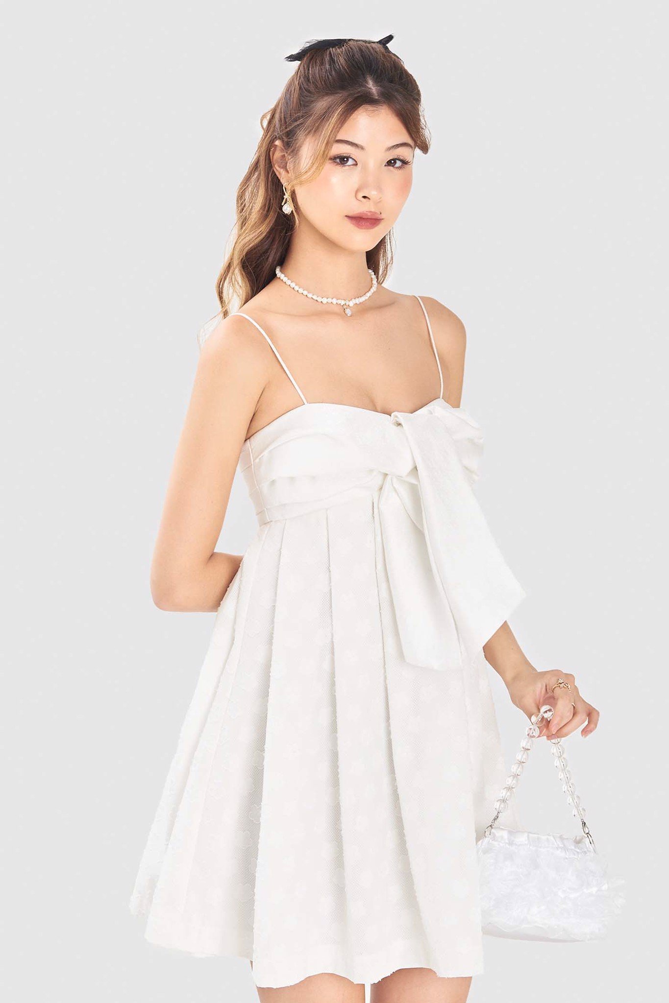 Đầm 2 dây babydoll phối vải nhấn nơ