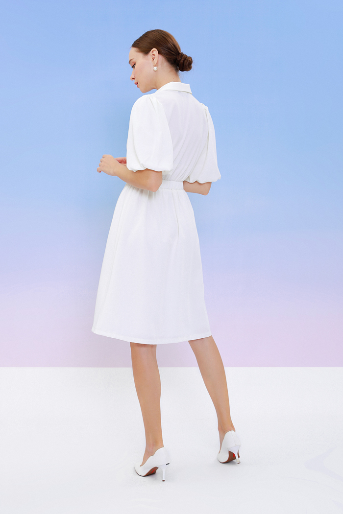 Đầm midi cổ sơmi nhấn tay