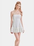  Đầm mini linen 2 dây smocking lưng thân trước phối bèo đính nơ 
