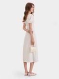  Đầm midi linen cổ vuông tay phồng smocking lưng 