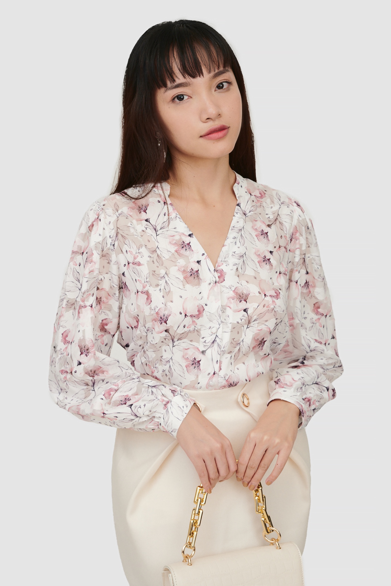 Áo sơmi cổ trụ tay dài hoạ tiết hoa