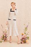  Đầm tweed midi tay dài cổ vuông 